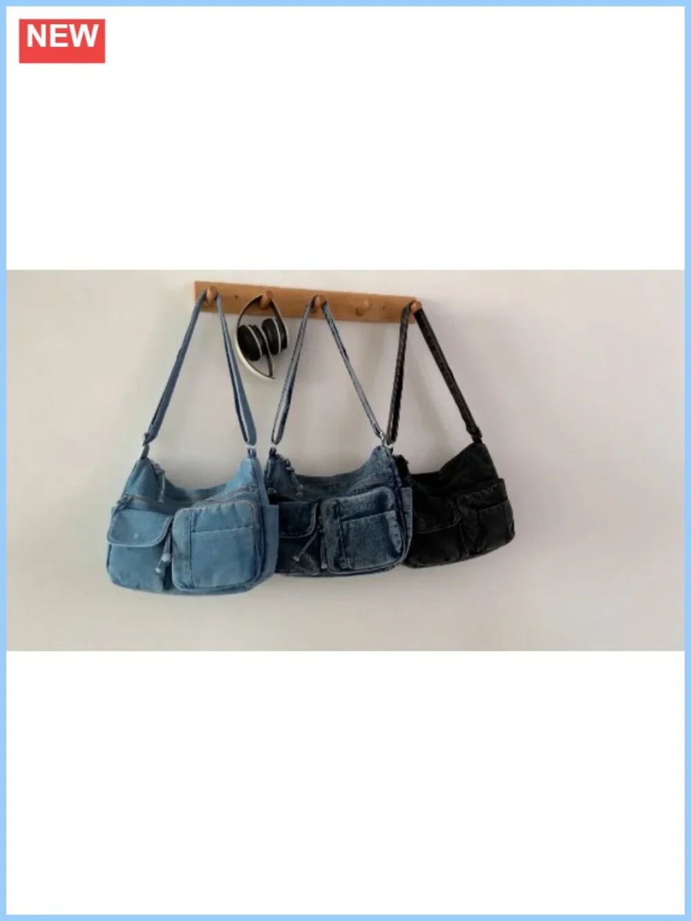 Y2K Grunge Distressed Denim Crossbody Bag Multi-Pocket Hobo Shoulder Purse